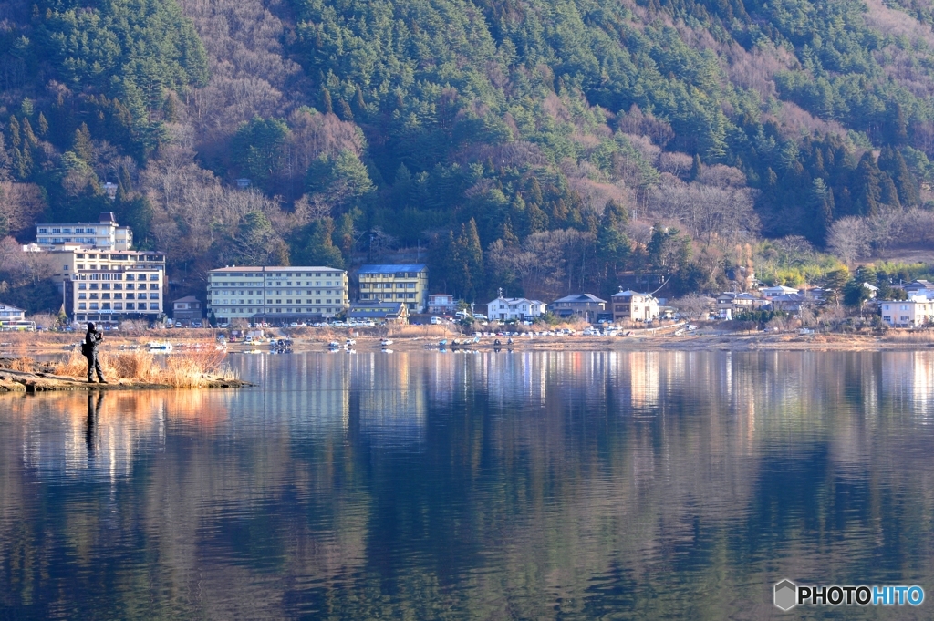 湖畔の釣り人