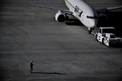 飛行機を誘導してます。