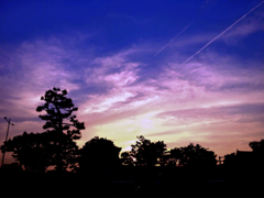 夕焼け空と飛行機雲