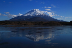 凍る精進湖に映る富士山頂