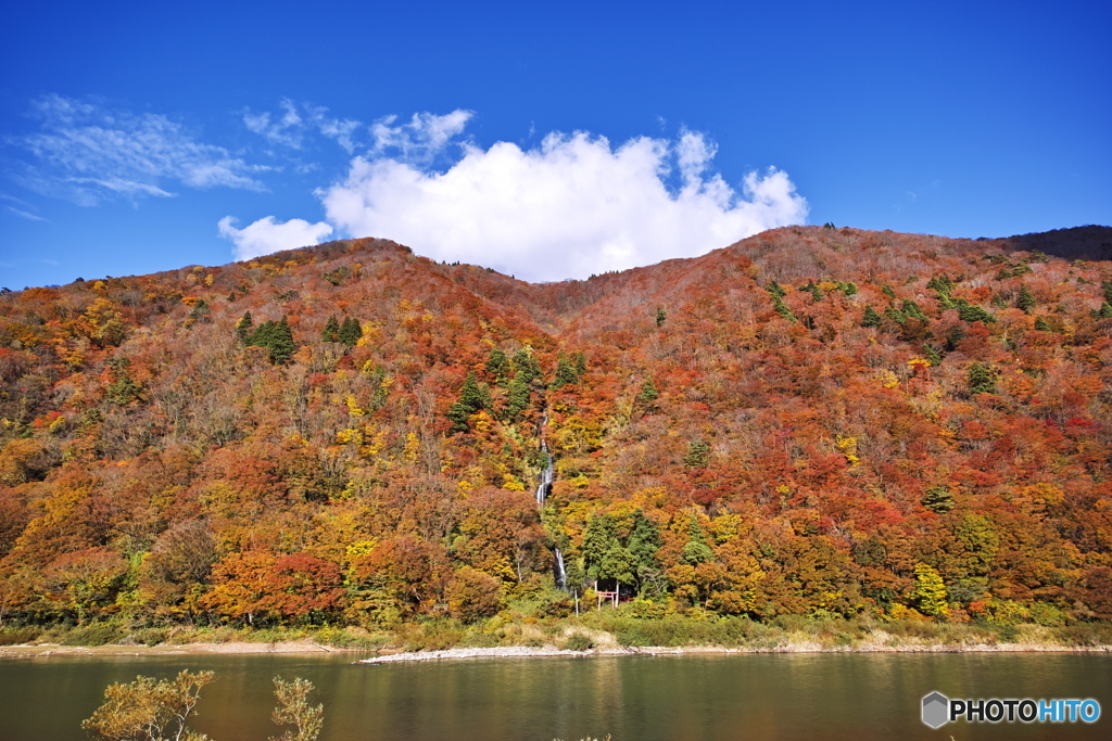 紅葉の白糸の滝_最上川