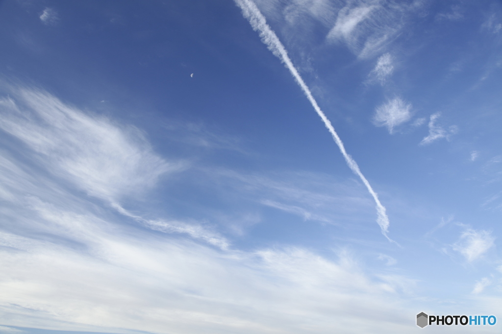 飛行機雲と薄い月の朝