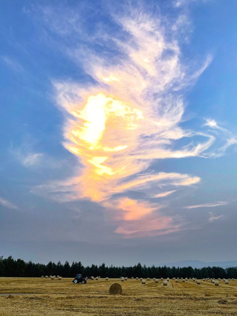 夕暮れの雲と麦稈ロール。