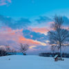 雪の丘、淡い夕焼け。