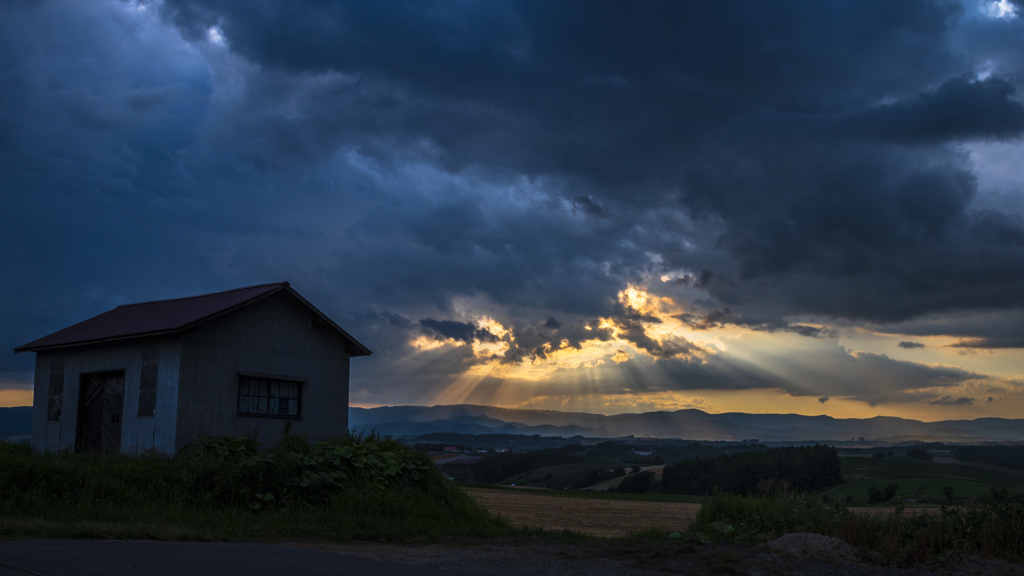 丘から望む夕陽。