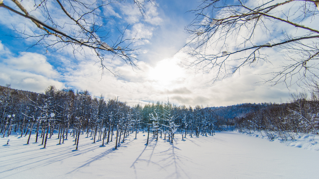 雪原の青い池と青い空