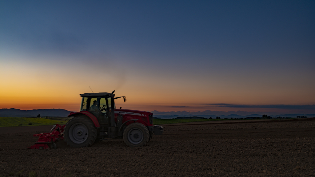 夕暮れの丘の畑作業。