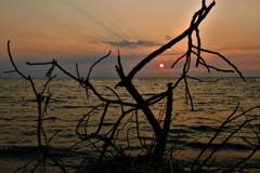 浜辺のオブジェと夕陽