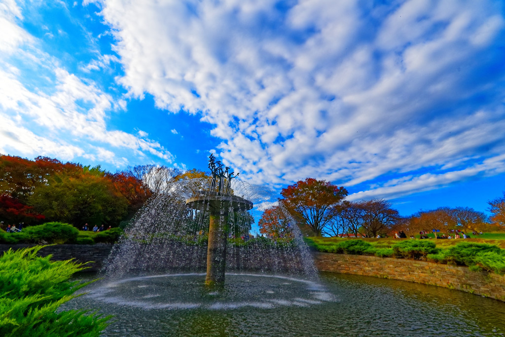 碧空とカナールの噴水　昭和記念公園にて