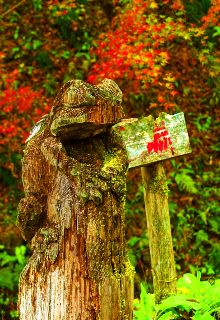 蛙？の木像と紅葉（重源の郷）