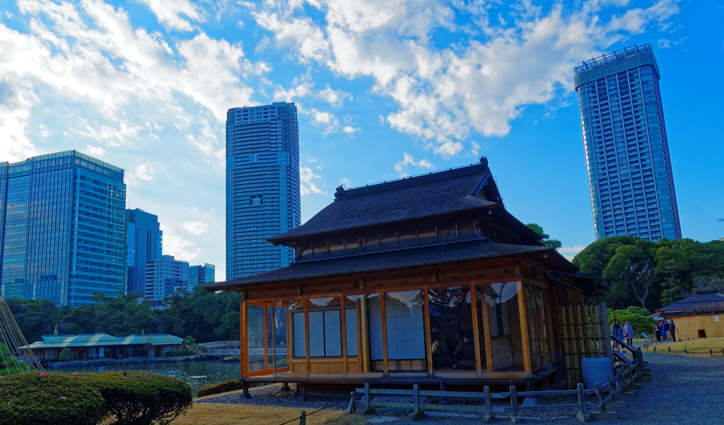 松の御茶屋と高層ビル群　浜離宮恩賜庭園にて