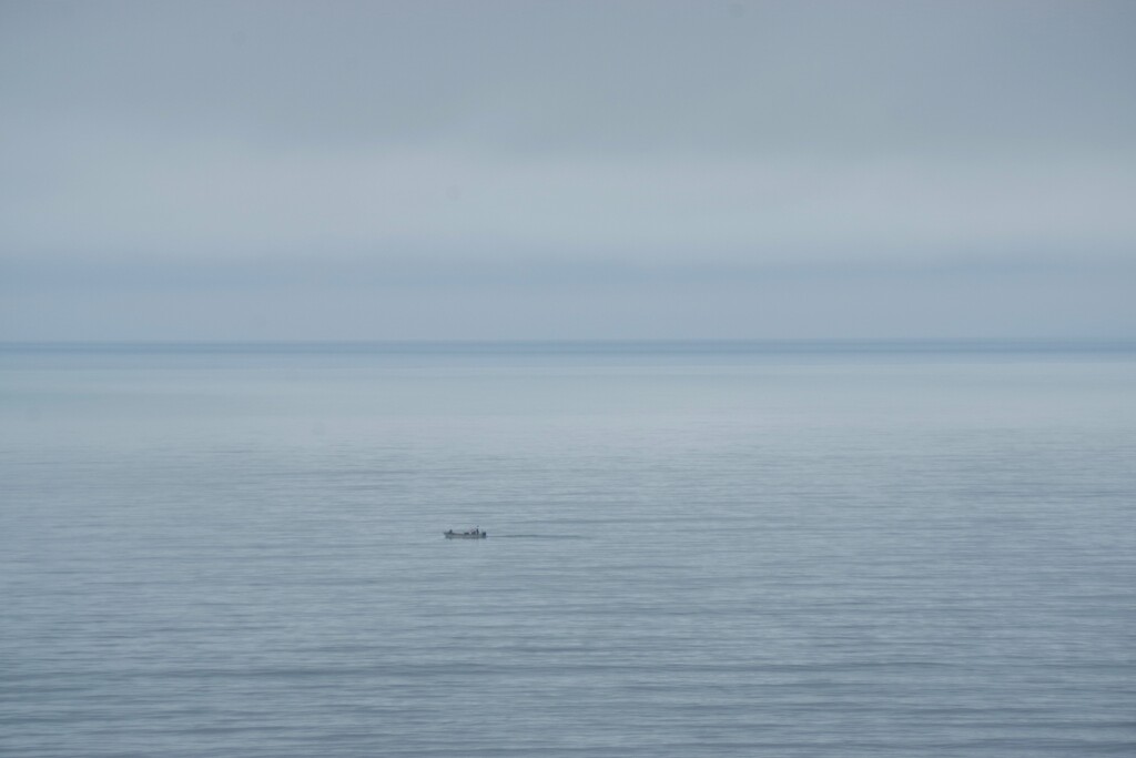 曇天の海に浮かぶ小舟