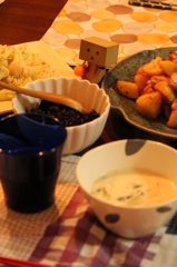 クリームスープとチキンとじゃがいものバター炒め