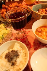 串かつと大学芋とミネストローネのばんごはん