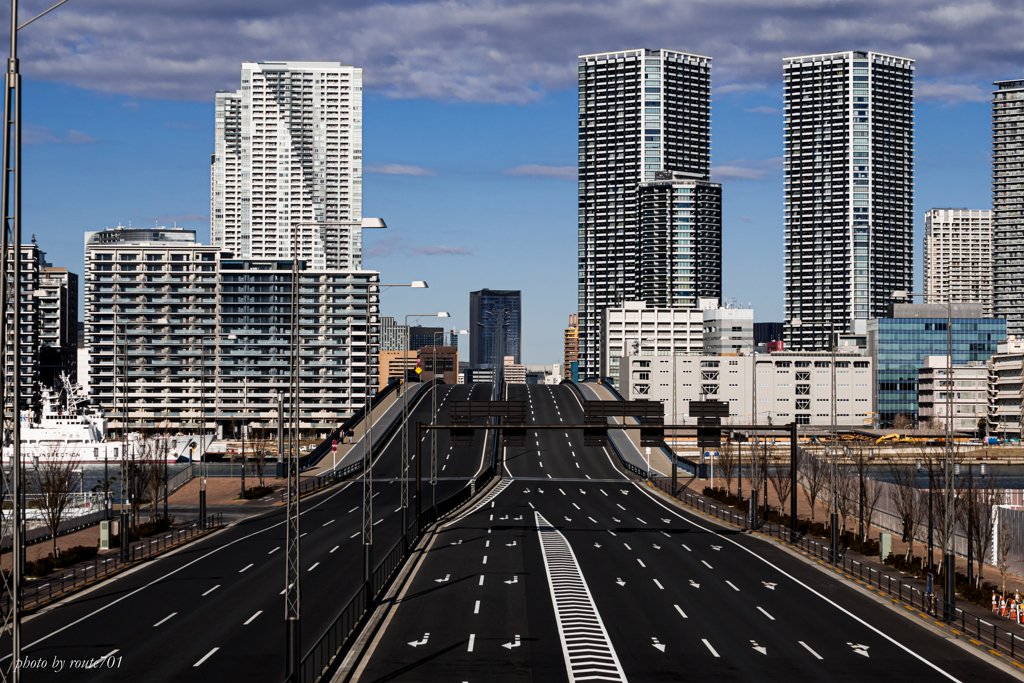 正月の豊洲大橋、クルマがいない