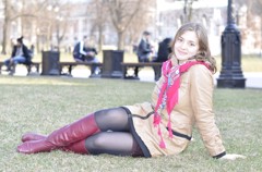 Girl and three pairs on benches