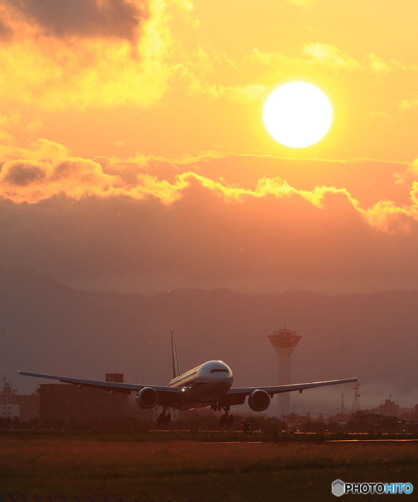 夕日の中