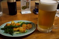 昔玉散歩2016：海老とアスパラ塩炒め with Beer