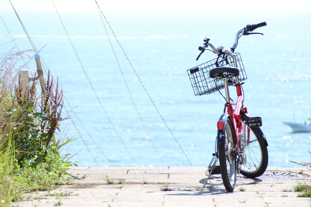 太平洋と赤い自転車。