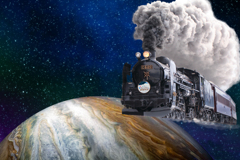 コラージュ　木星を発つ蒸気機関車
