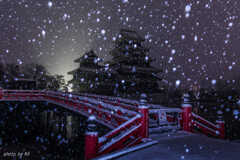 雪と赤い橋と城