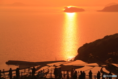 夕日の棚田を撮る