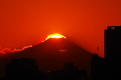 紅く燃える富士と夕陽