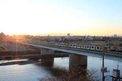 夕焼け　多摩川　浅間神社