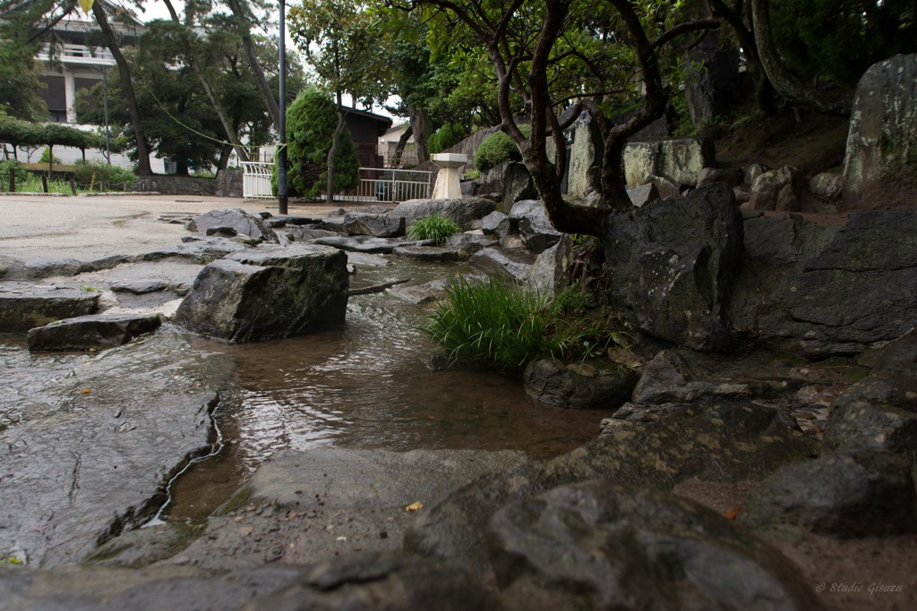 亀城城跡の石庭、雨