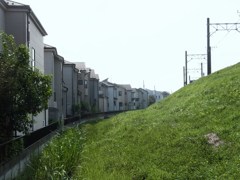土手に沿う家々