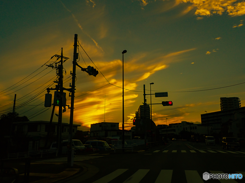 信号待ちの夕焼け