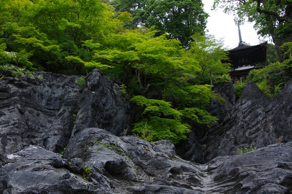 奇岩と青紅葉　石山寺