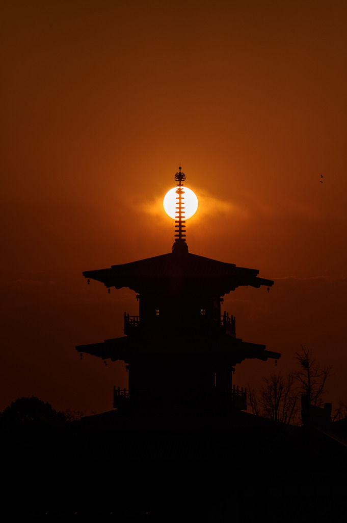 三重塔と夕日