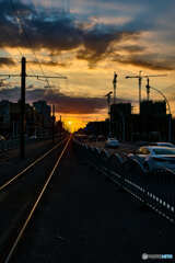 夕日と線路の輝き