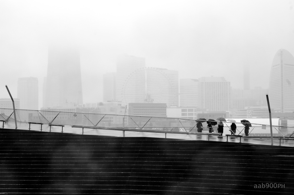 雨煙る横浜