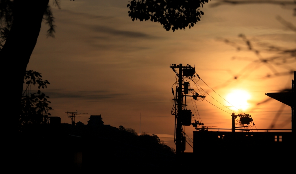 松山城をシルエットの夕陽