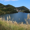 眼下に広がるダム湖