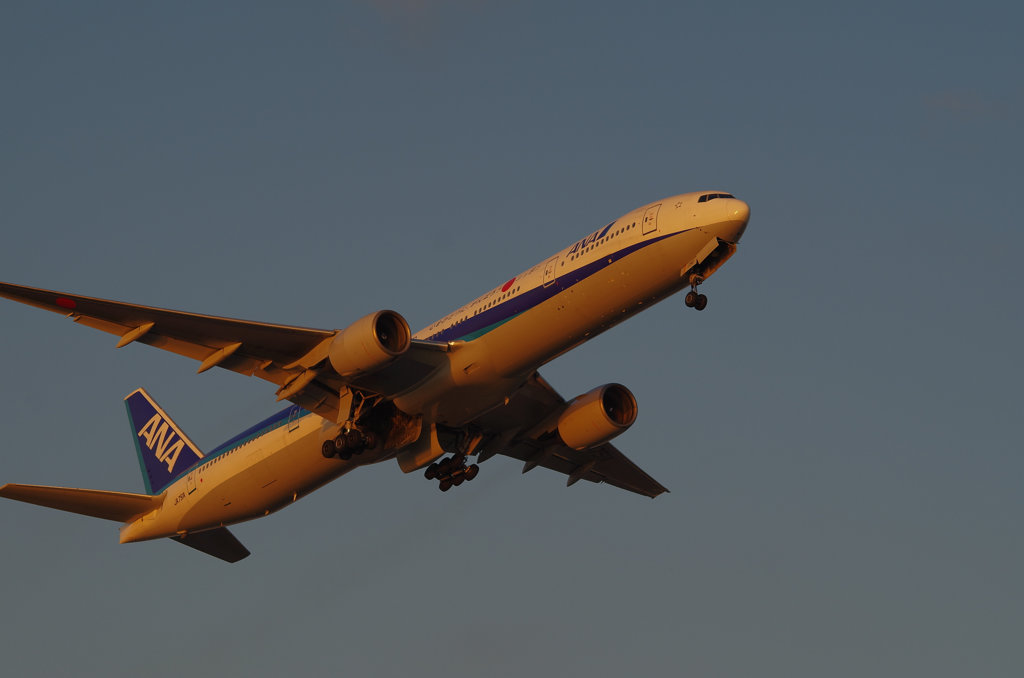 機体を夕日に染めて