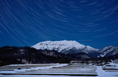 雪の大山と御机みつめの棚田