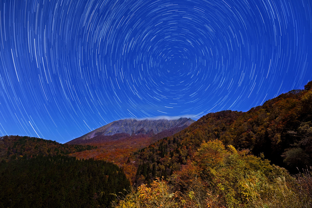 紅葉の大山と巡る北天の星