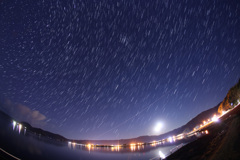 東郷湖に昇る月と春の星座