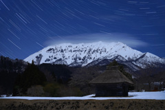 月夜の大山と御机茅葺小屋