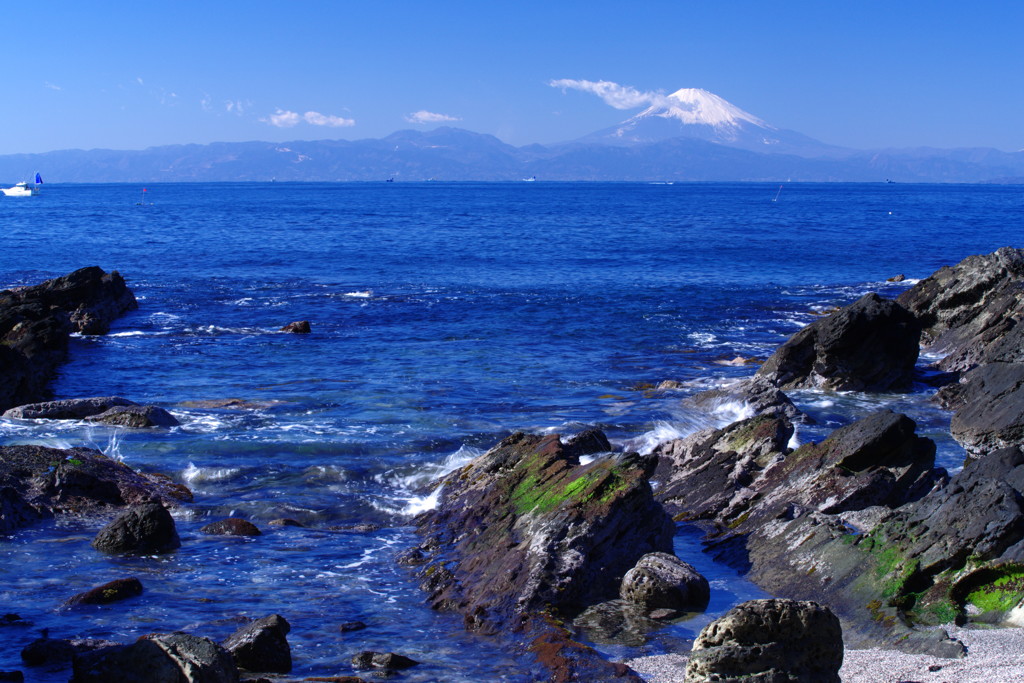 富士をバックに　城ヶ島岩場 Ⅱ