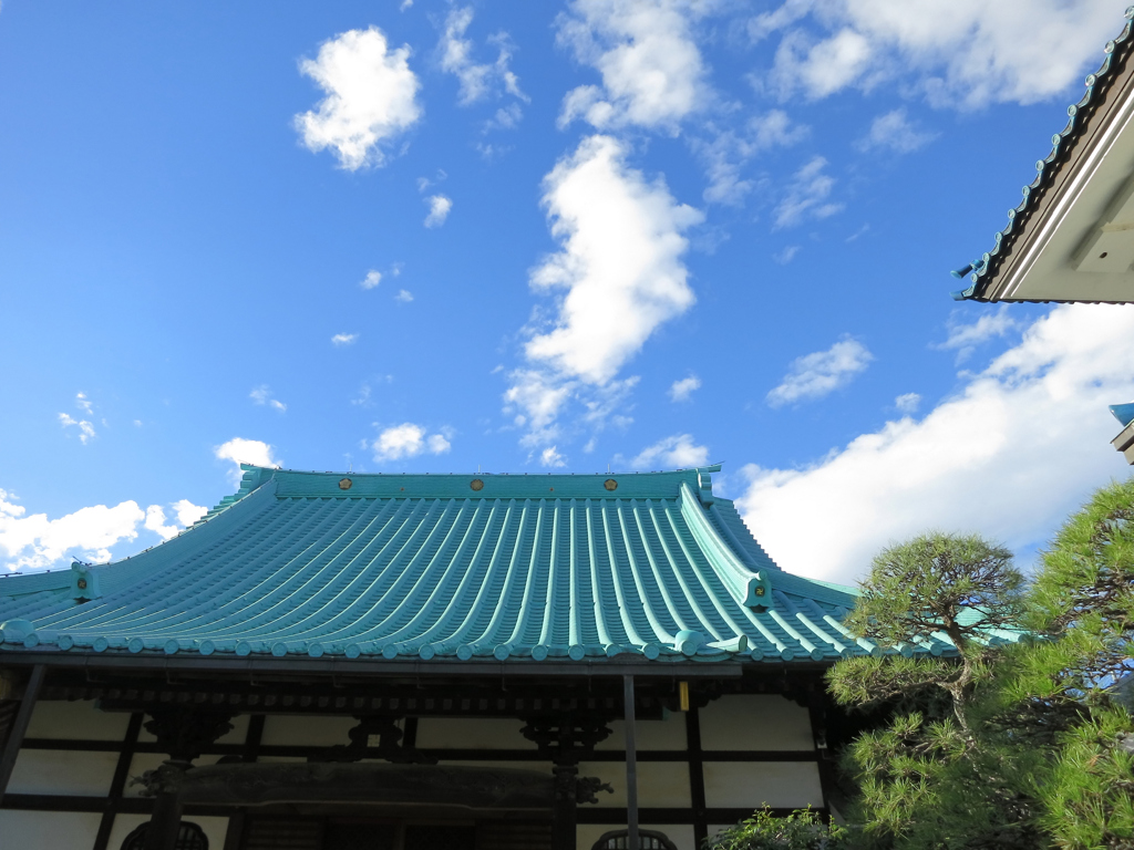 お寺の「孔雀緑色」の屋根