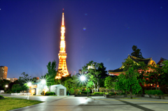 「芝公園」より、「増上寺・仁王門」と「東京タワー」