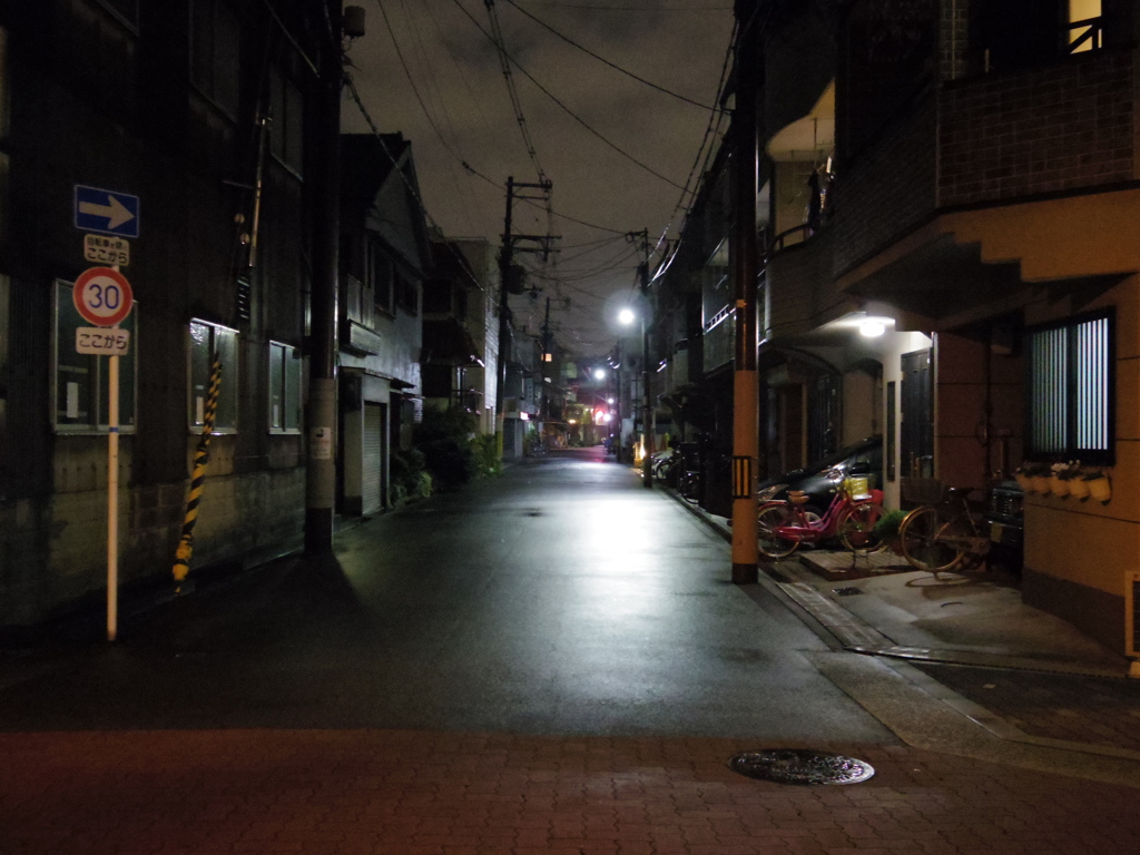 雨上がりの道を照らす街灯