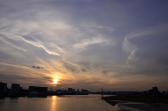 多摩川の夕焼け・オーロラ風---①