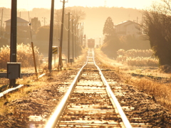 朝陽に煌めく鉄路