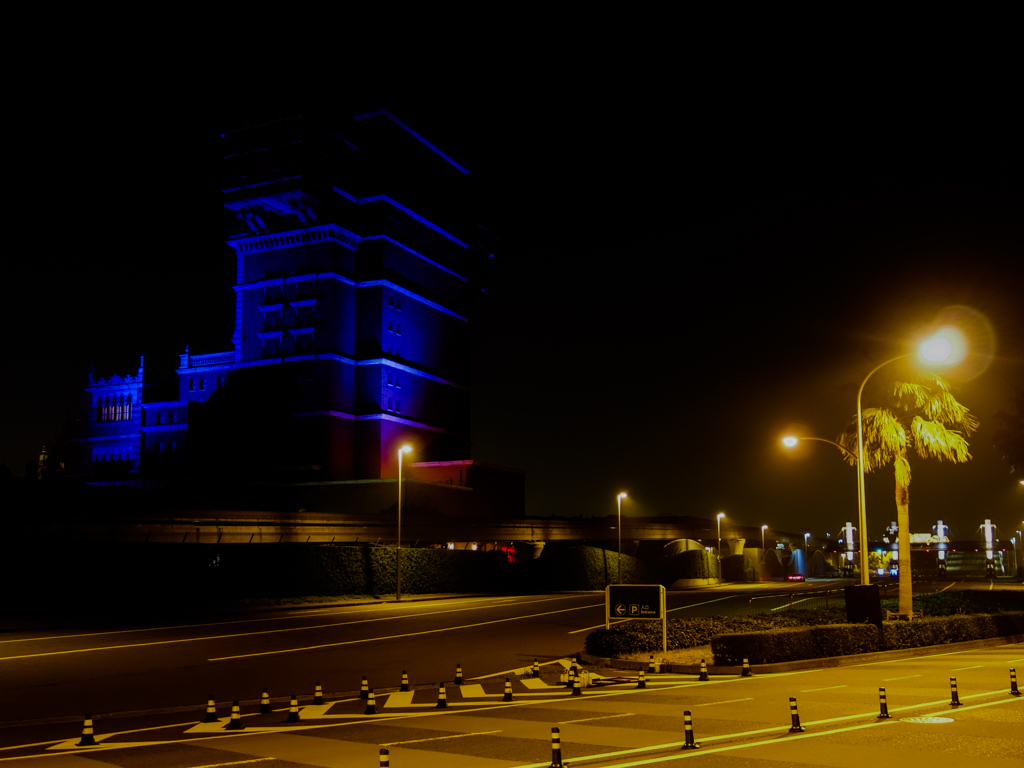 Glowing blue building