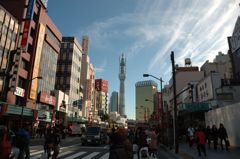 浅草寺付近から眺める建設中の東京スカイツリー